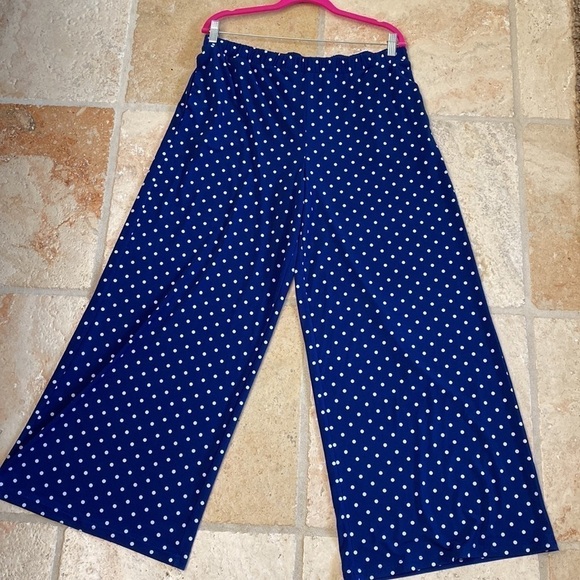 QUACKER FACTORY NAVY DOTTED WIDE LEG PANTS Womens L Flowy beach Nautical QVC - Picture 3 of 12